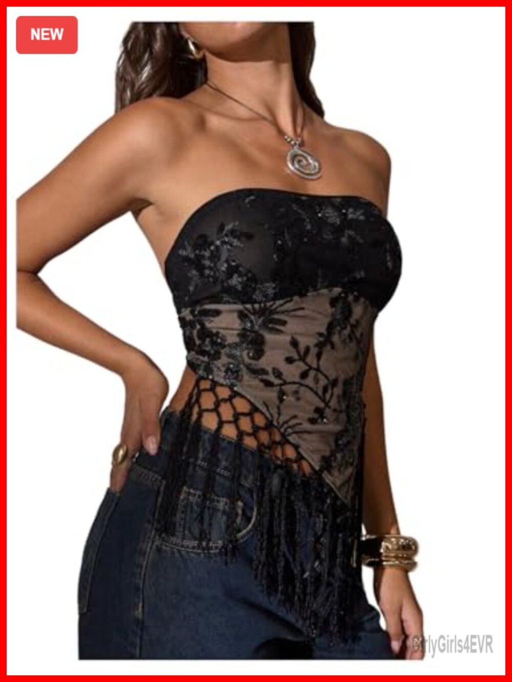 Sequin Tube Top Fringe Y2K Mesh Sheer Rave Party Top